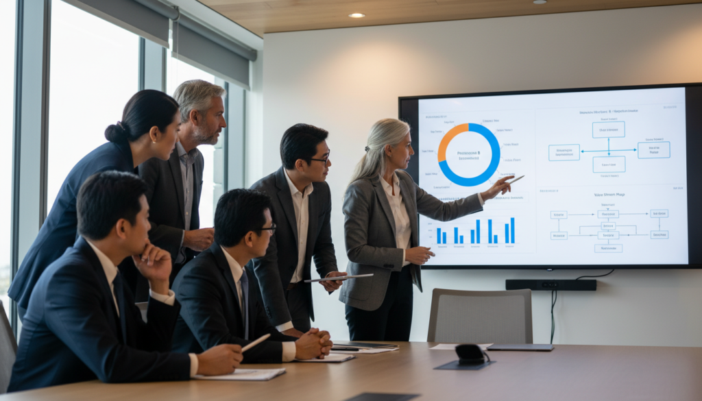 Reunião de C-Levels priorizando projetos em gestão de portfólio ágil com tela digital e gráficos de desempenho.