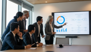 Reunião de C-Levels priorizando projetos em gestão de portfólio ágil com tela digital e gráficos de desempenho.