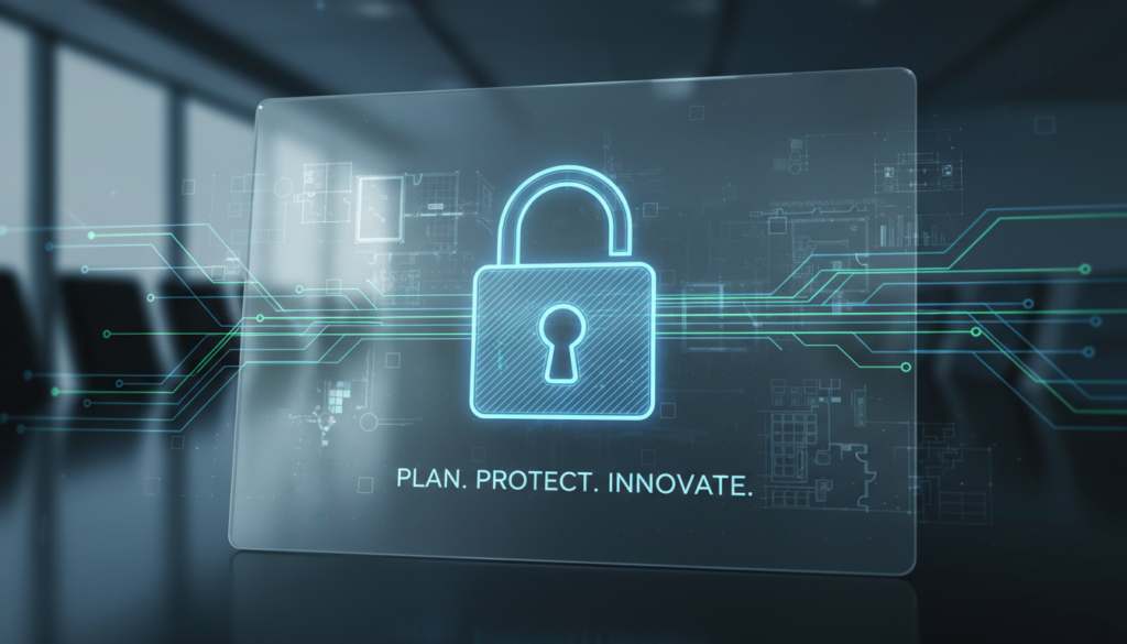 Ilustração de um cadeado digital sobre um diagrama de fluxo de dados, simbolizando a implementação de Privacy by Design e LGPD na estratégia de produtos e projetos.