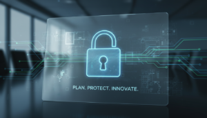 Ilustração de um cadeado digital sobre um diagrama de fluxo de dados, simbolizando a implementação de Privacy by Design e LGPD na estratégia de produtos e projetos.