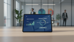 Tablet exibindo interface de software com gráficos e elementos de onboarding, simbolizando Product-Led Growth (PLG) e autonomia do usuário.