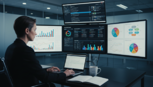 Product Manager sênior fazendo Desk Research, analisando dados de mercado e relatórios de inteligência competitiva em múltiplas telas.