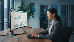 Mulher Product Manager analisando dados de SEO técnico em um monitor grande