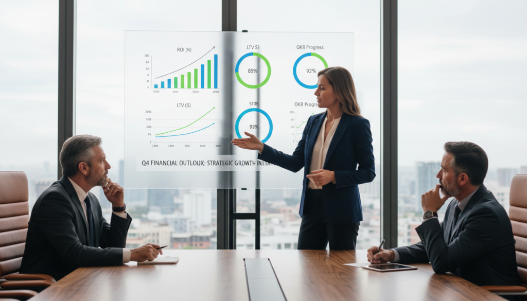 Reunião estratégica entre Product Manager e CFO para análise e defesa do orçamento de produto, focando em retorno sobre investimento e objetivos de negócio.