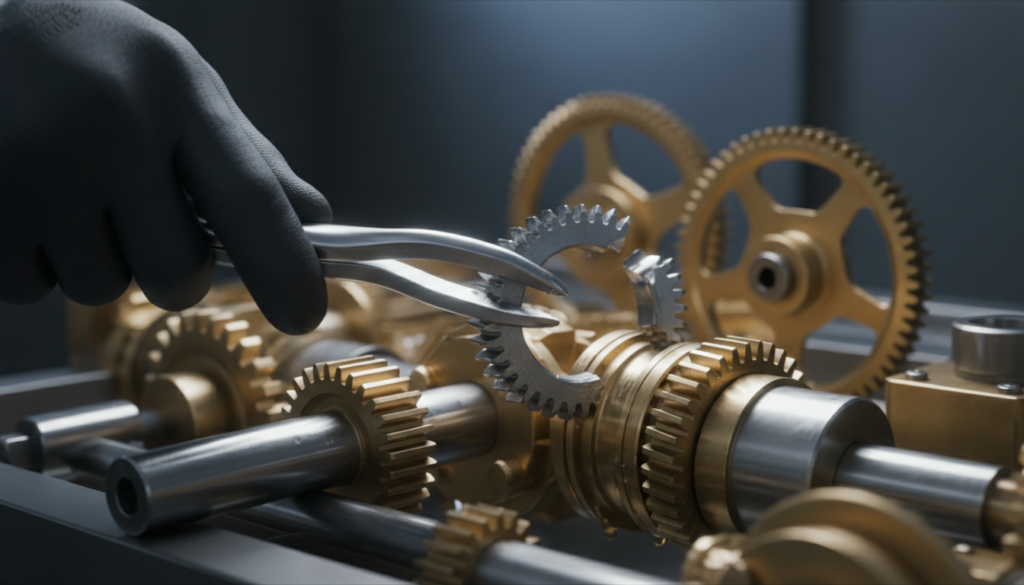 Mão removendo engrenagem quebrada, simbolizando pivotagem de feature e otimização de produto.