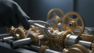 Mão removendo engrenagem quebrada, simbolizando pivotagem de feature e otimização de produto.