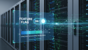 Servidor com feature flag ativa, rollout progressivo, lançamento controlado, gestão de risco de produto, inovação contínua, deployment gradual.