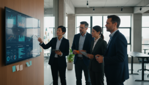 Equipe de gestão colaborando em projeto estratégico com ferramentas digitais em um ambiente profissional, sem atividades de 'vergonha alheia'.