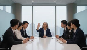 Gestor dizendo não, reunião estratégica, priorização de projetos, foco empresarial, gestão de produto