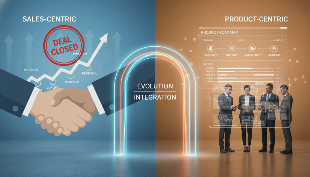 Mudança cultural de vendas para produto, estratégia digital, gestão de produto, crescimento sustentável, product-led growth, sales-led