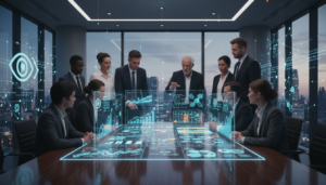 Executivos em reunião com projeções de dados de visão computacional, simbolizando o impacto da tecnologia em processos industriais, varejo e saúde.