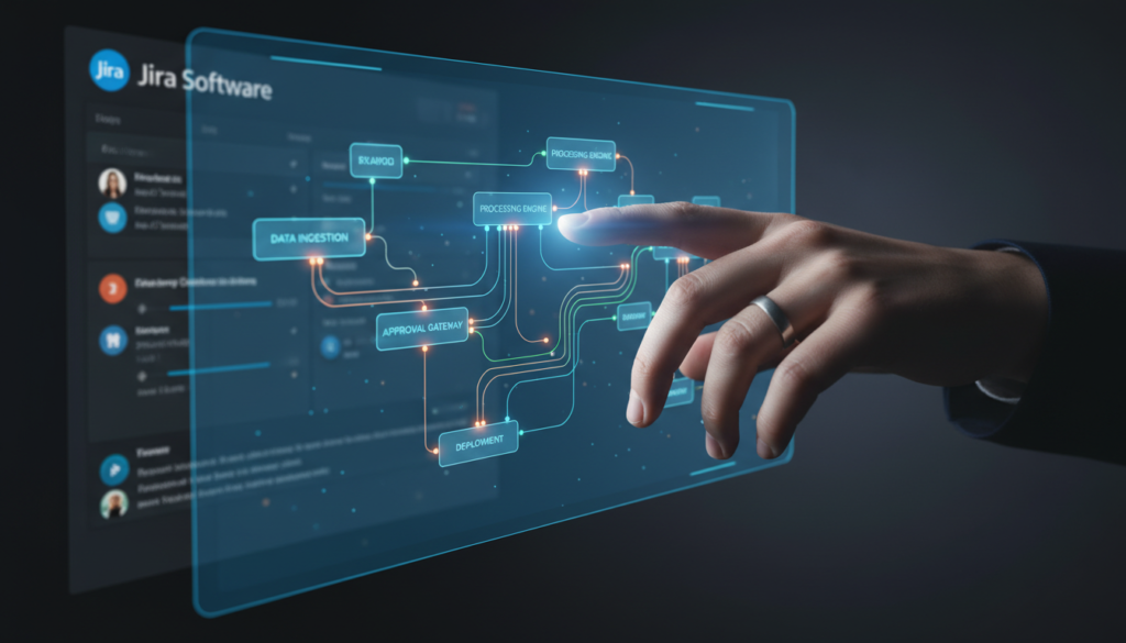 Interface de automação Jira Software, otimização de backlog, gestão de projetos ágeis, eficiência operacional, ciclo de desenvolvimento.