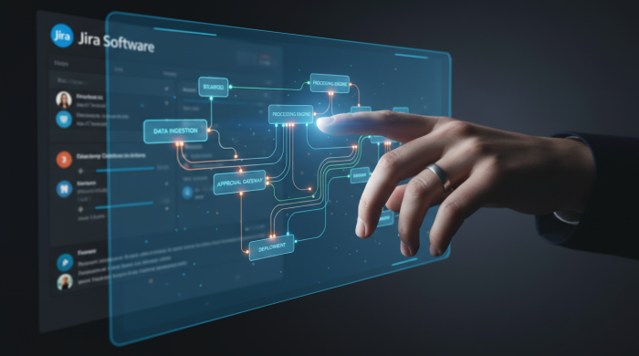 Interface de automação Jira Software, otimização de backlog, gestão de projetos ágeis, eficiência operacional, ciclo de desenvolvimento.